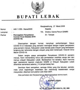 Pemkab Lebak Minta Transportasi Umum Dihentikan Sementara, Cegah Covid-19