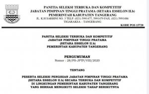 Panitia Seleksi Terbuka dan Kompetitif Jabatan Pimpinan Tinggi Pratama (Setara Esselon IIb) Pemerintah Kabupaten Tangerang